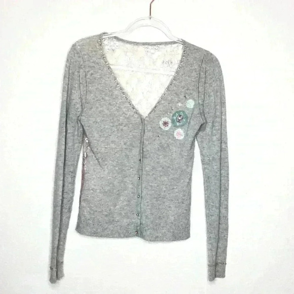 100% Cashmere Sweaters - Cashmere and Lace Grey Blushed Pink Cardigan